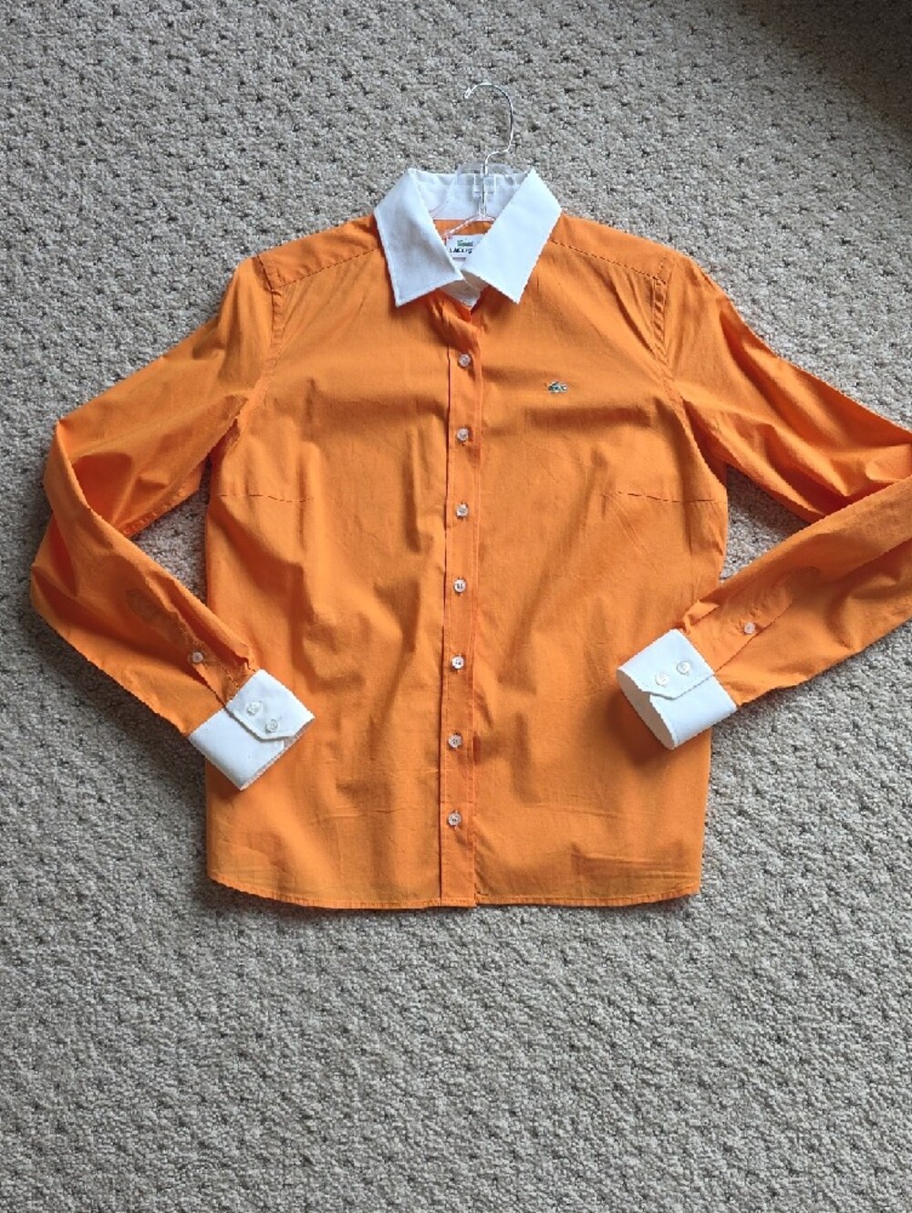 Beautiful Lacoste Orange Shirt with White Collar and Cuffs Size 42